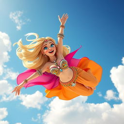 A sexy blonde 3D toon woman in a vibrant belly dancer outfit, gracefully falling from the sky with a scared expression on her face