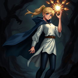 A dark fantasy art illustration featuring a teenage human female with blonde hair tied in a ponytail, exuding a sense of strength and mystery