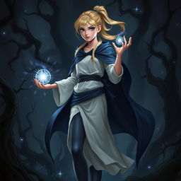 A dark fantasy art illustration featuring a teenage human female with blonde hair tied in a ponytail, exuding a sense of strength and mystery