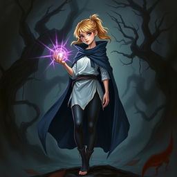 A dark fantasy art illustration featuring a teenage human female with blonde hair tied in a ponytail, exuding a sense of strength and mystery