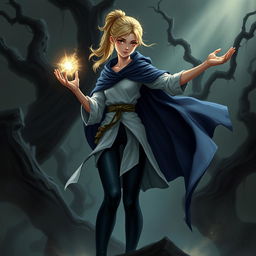 A dark fantasy art illustration featuring a teenage human female with blonde hair tied in a ponytail, exuding a sense of strength and mystery