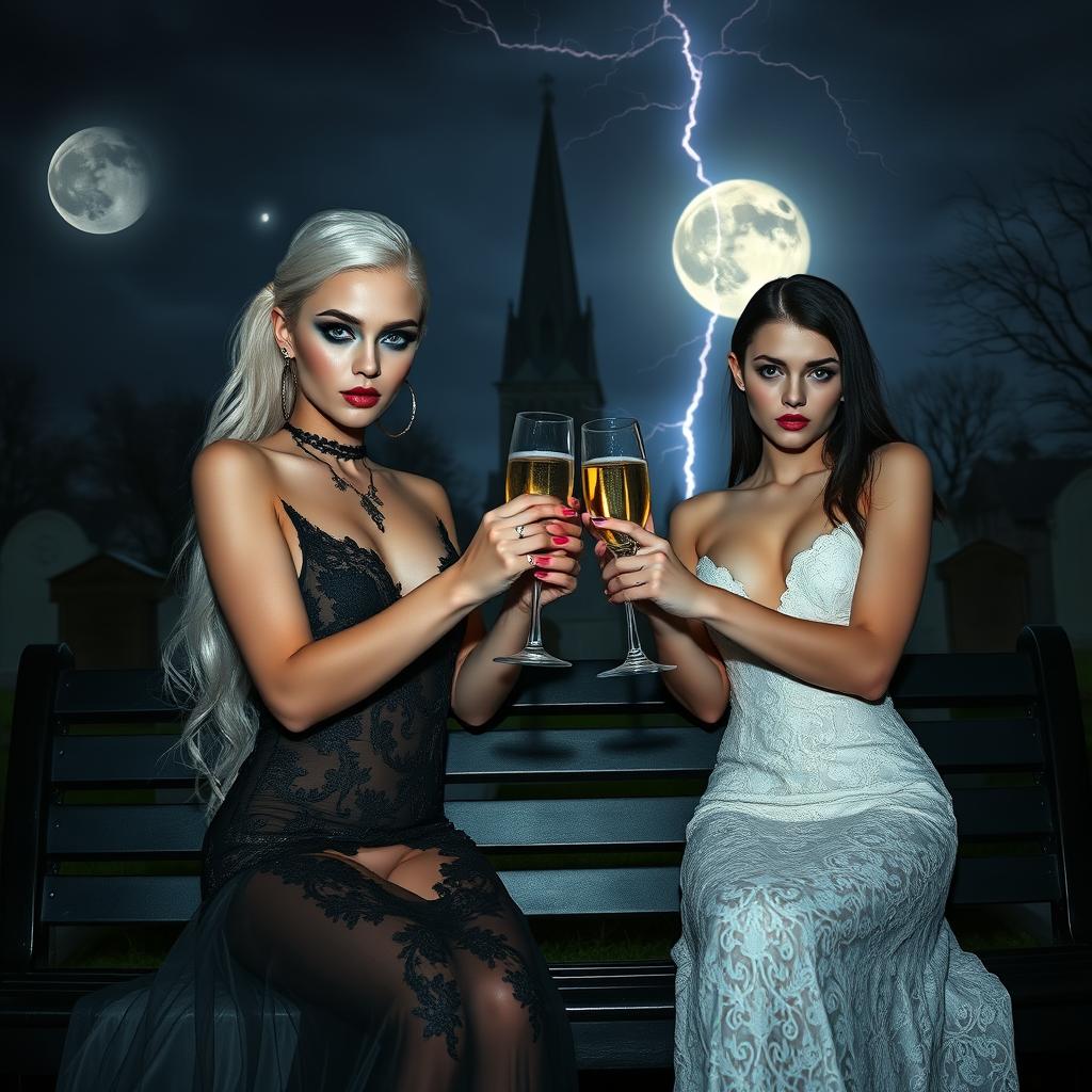 A stunning thin-faced 18-year-old girl with beautiful white hair, dressed in a very tight low-cut long black lace gown, featuring dark brooding eyes, frosted blue eye shadow, thick black eyeliner, mascara, and long black eyelashes, along with bright pink lipstick and a sultry look