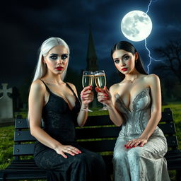 A stunning thin-faced 18-year-old girl with beautiful white hair, dressed in a very tight low-cut long black lace gown, featuring dark brooding eyes, frosted blue eye shadow, thick black eyeliner, mascara, and long black eyelashes, along with bright pink lipstick and a sultry look