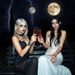 A stunning thin-faced 18-year-old girl with beautiful white hair, dressed in a very tight low-cut long black lace gown, featuring dark brooding eyes, frosted blue eye shadow, thick black eyeliner, mascara, and long black eyelashes, along with bright pink lipstick and a sultry look
