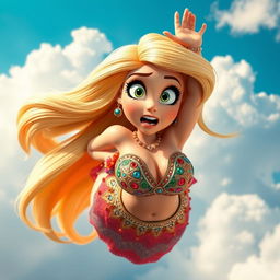 A stunning 3D toon woman with sexy blonde hair, adorned in a colorful and intricate belly dancer outfit, gracefully falling from the sky