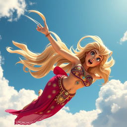 A stunning 3D toon woman with sexy blonde hair, adorned in a colorful and intricate belly dancer outfit, gracefully falling from the sky