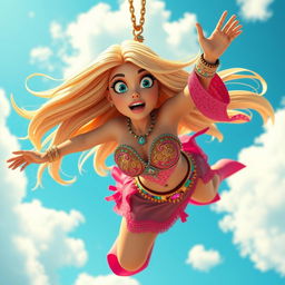 A stunning 3D toon woman with sexy blonde hair, adorned in a colorful and intricate belly dancer outfit, gracefully falling from the sky