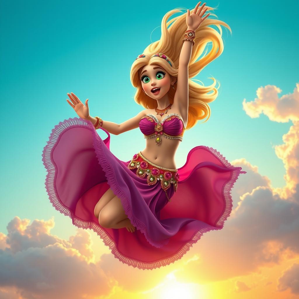 A sexy blonde 3D toon woman wearing an elaborate belly dancer outfit, featuring vibrant colors, shimmering fabrics, and intricate beadwork