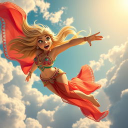 A sexy blonde 3D toon woman wearing an elaborate belly dancer outfit, featuring vibrant colors, shimmering fabrics, and intricate beadwork