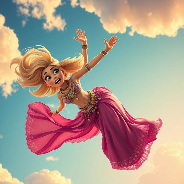 A sexy blonde 3D toon woman wearing an elaborate belly dancer outfit, featuring vibrant colors, shimmering fabrics, and intricate beadwork