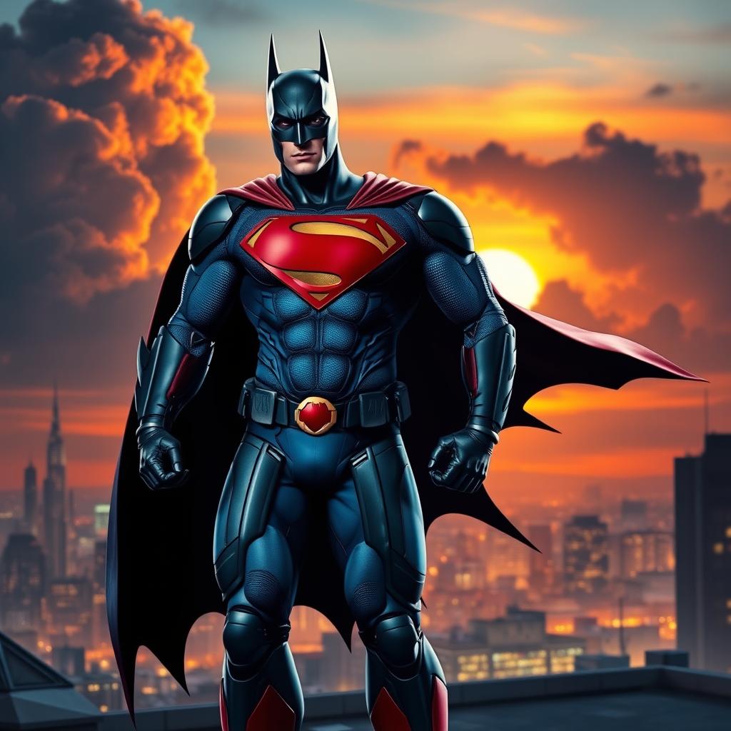 A dynamic fusion of Batman and Superman, combining the sleek, dark armor of Batman with the iconic blue and red costume of Superman