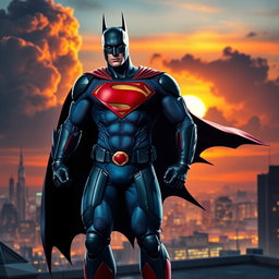 A dynamic fusion of Batman and Superman, combining the sleek, dark armor of Batman with the iconic blue and red costume of Superman