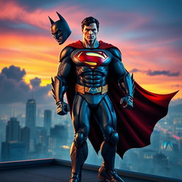 A dynamic fusion of Batman and Superman, combining the sleek, dark armor of Batman with the iconic blue and red costume of Superman