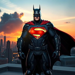 A dynamic fusion of Batman and Superman, combining the sleek, dark armor of Batman with the iconic blue and red costume of Superman