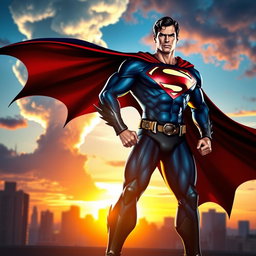 A dynamic fusion of Batman and Superman, combining the sleek, dark armor of Batman with the iconic blue and red costume of Superman