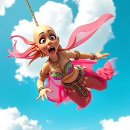 A sexy bald 3D toon woman wearing a vibrant belly dancer outfit, featuring colorful sequins and flowing veils, falling from the sky