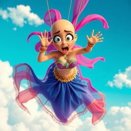 A sexy bald 3D toon woman wearing a vibrant belly dancer outfit, featuring colorful sequins and flowing veils, falling from the sky