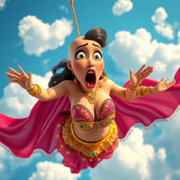 A sexy bald 3D toon woman wearing a vibrant belly dancer outfit, featuring colorful sequins and flowing veils, falling from the sky