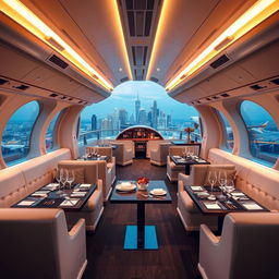 A luxurious themed restaurant named 'Skyline Hangar 88' designed to resemble the interior of an airplane