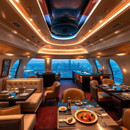A luxurious themed restaurant named 'Skyline Hangar 88' designed to resemble the interior of an airplane