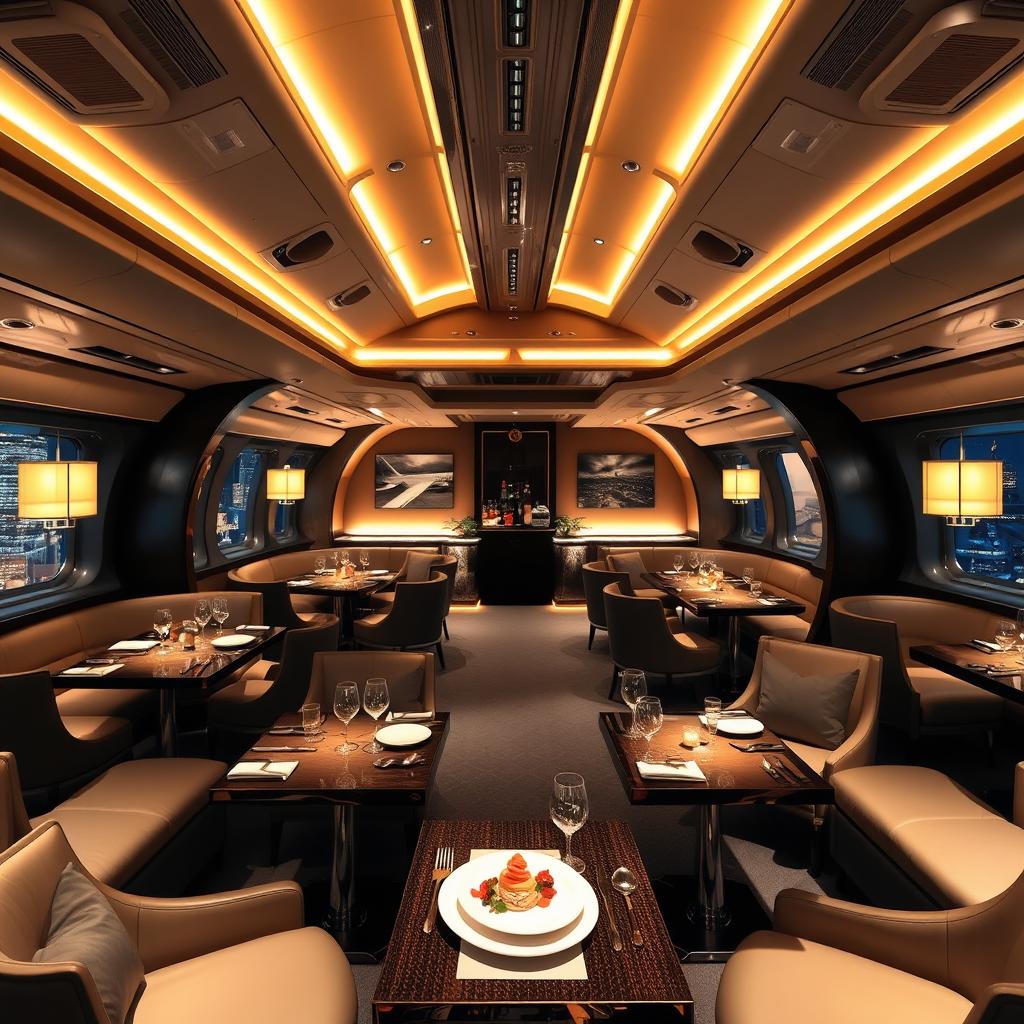 A luxurious themed restaurant named 'Skyline Hangar 88' designed to resemble the interior of an airplane