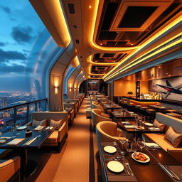 A luxurious themed restaurant named 'Skyline Hangar 88' designed to resemble the interior of an airplane