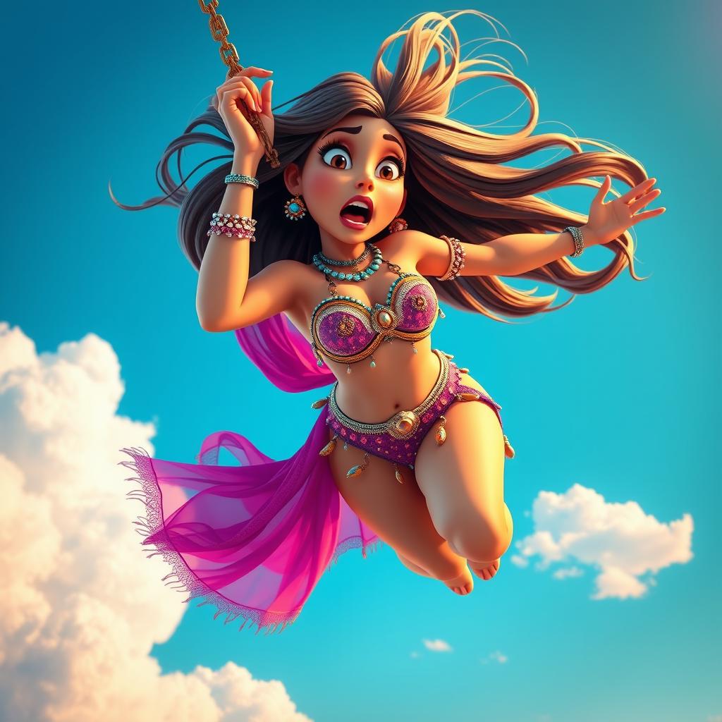 A sexy 3D toon woman wearing a vibrant belly dancer outfit, complete with shimmering veils and decorative jewelry