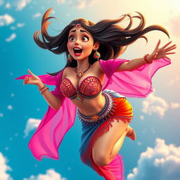 A sexy 3D toon woman wearing a vibrant belly dancer outfit, complete with shimmering veils and decorative jewelry