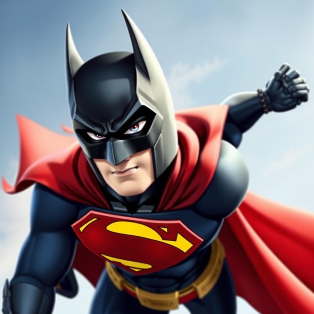 A character that is a blend of Batman and Superman, wearing a Batmask with a cape reminiscent of Superman's