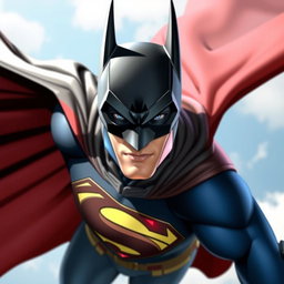 A character that is a blend of Batman and Superman, wearing a Batmask with a cape reminiscent of Superman's