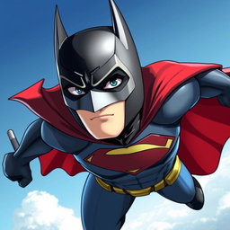 A character that is a blend of Batman and Superman, wearing a Batmask with a cape reminiscent of Superman's