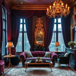 A luxurious themed background for a photo, featuring an opulent setting with rich velvet drapes, elegant chandeliers casting warm light, sumptuous furniture like a plush velvet sofa and gold-accented decor