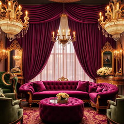 A luxurious themed background for a photo, featuring an opulent setting with rich velvet drapes, elegant chandeliers casting warm light, sumptuous furniture like a plush velvet sofa and gold-accented decor