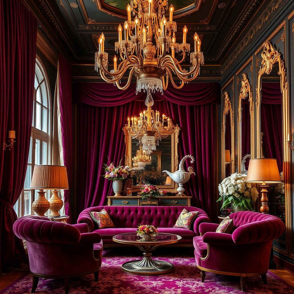 A luxurious themed background for a photo, featuring an opulent setting with rich velvet drapes, elegant chandeliers casting warm light, sumptuous furniture like a plush velvet sofa and gold-accented decor
