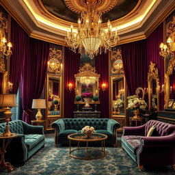 A luxurious themed background for a photo, featuring an opulent setting with rich velvet drapes, elegant chandeliers casting warm light, sumptuous furniture like a plush velvet sofa and gold-accented decor