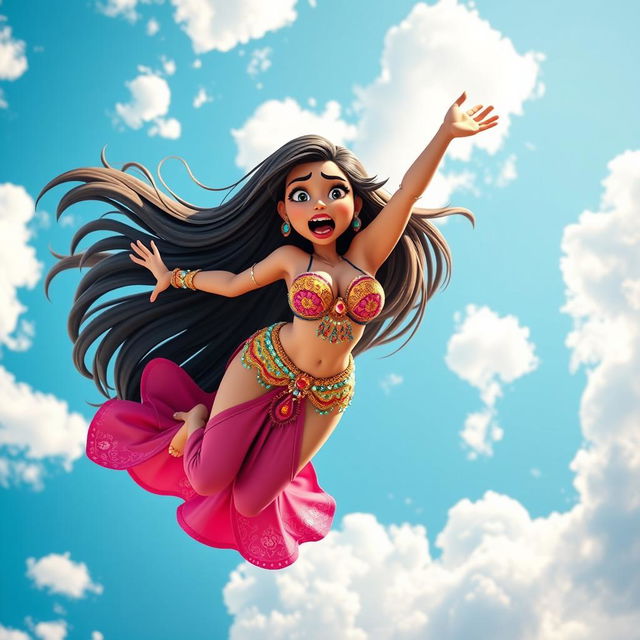 A sexy 3D toon woman in a colorful belly dancer outfit, gracefully falling from the sky