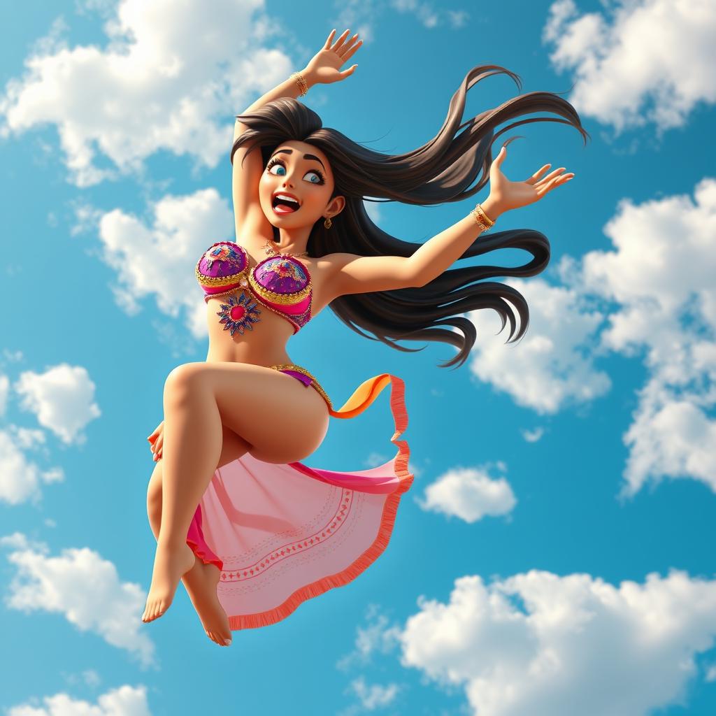 A sexy 3D toon woman in a colorful belly dancer outfit, gracefully falling from the sky