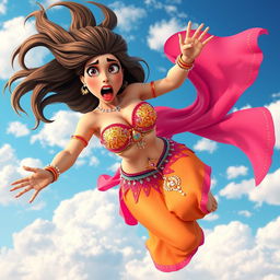 A sexy 3D toon woman in a colorful belly dancer outfit, gracefully falling from the sky