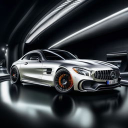 A sleek, high-performance Mercedes AMG in brilliant silver, boasting its unique aerodynamic structure and the signature AMG grille.