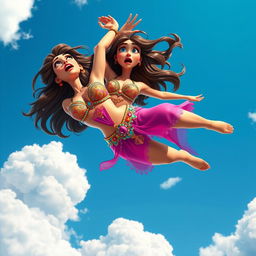 A sexy 3D toon woman in a colorful belly dancer outfit, gracefully falling from the sky