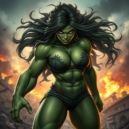 A powerful female Hulk with green, muscular skin, long wild hair, and large angry eyes