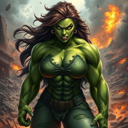 A powerful female Hulk with green, muscular skin, long wild hair, and large angry eyes