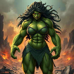 A powerful female Hulk with green, muscular skin, long wild hair, and large angry eyes