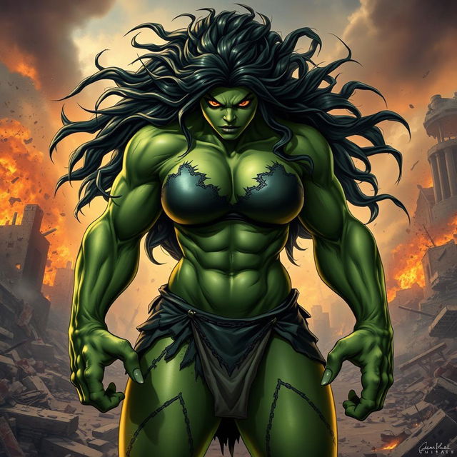 A powerful female Hulk with green, muscular skin, long wild hair, and large angry eyes