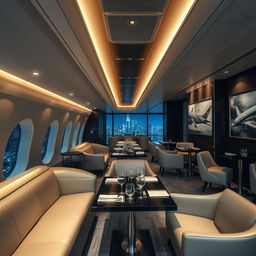 A sophisticated and luxurious themed restaurant named 'Skyline Hangar 88', designed to mimic the interior of an airplane