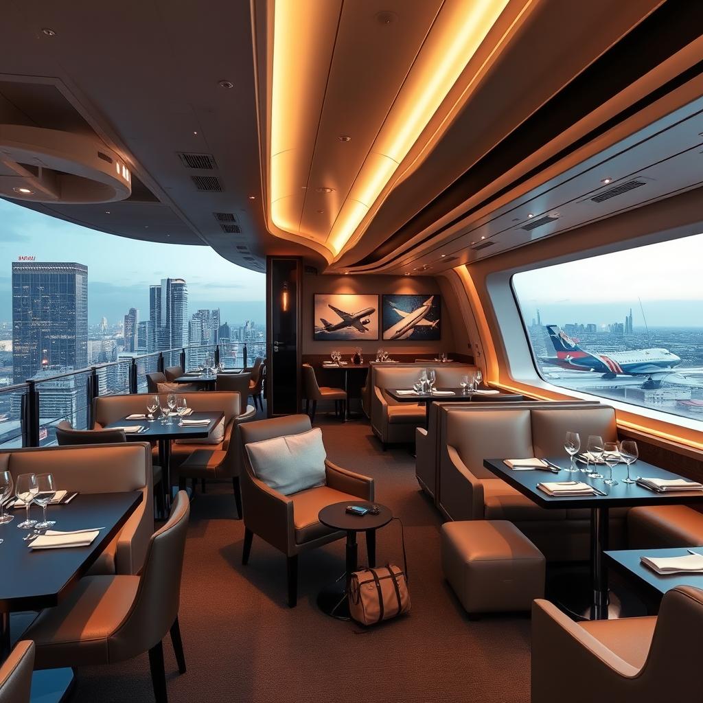 A sophisticated and luxurious themed restaurant named 'Skyline Hangar 88', designed to mimic the interior of an airplane
