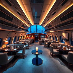 A sophisticated and luxurious themed restaurant named 'Skyline Hangar 88', designed to mimic the interior of an airplane