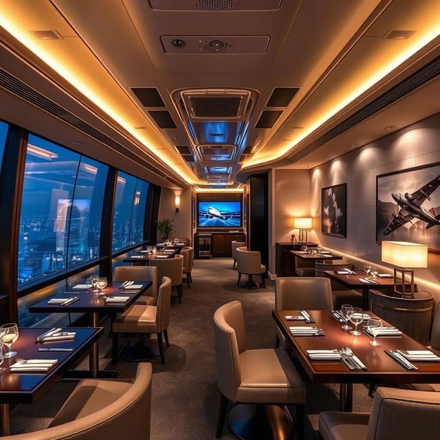 A sophisticated and luxurious themed restaurant named 'Skyline Hangar 88', designed to mimic the interior of an airplane
