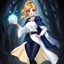 A vibrant illustration of a Dungeons & Dragons character, featuring a teenage human female with bright blonde hair styled in a ponytail, and captivating dark brown eyes
