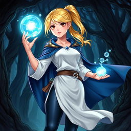 A vibrant illustration of a Dungeons & Dragons character, featuring a teenage human female with bright blonde hair styled in a ponytail, and captivating dark brown eyes